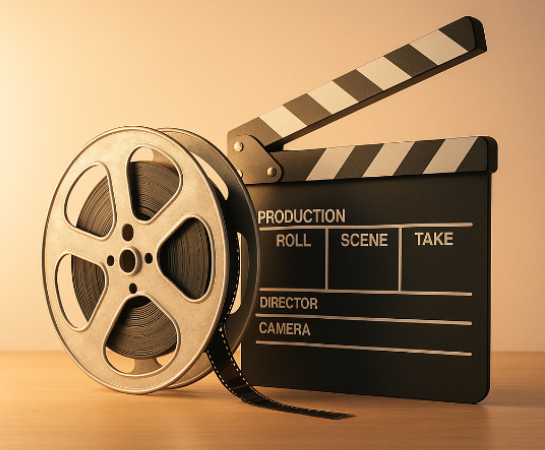 Filmrolle und Klappe in stimmungsvollem Licht