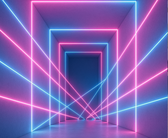 Abstrakter Neon-Korridor mit Laserstrahlen, keine Personen