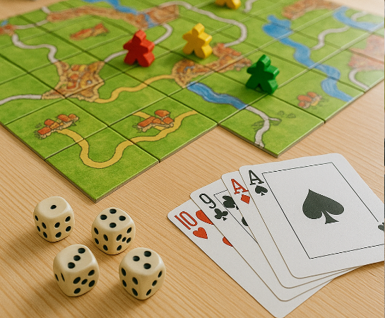 Spieltisch mit Karten und Würfeln, Detailaufnahme