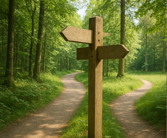 Waldweg mit Wegweiser